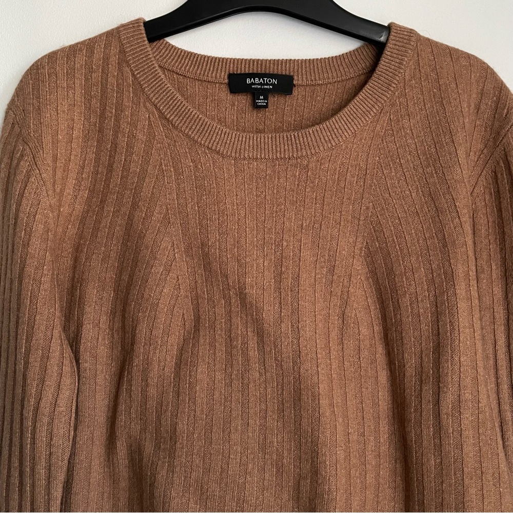 ARITZIA BABATON Tan Ribbed Long Sleeve Wool and Linen Mix Cropped Sweater - Picture 2 of 7